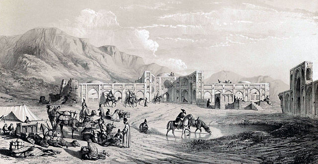 Caravanserai Mahyar in Persia, exterior view by Eugene Flandin