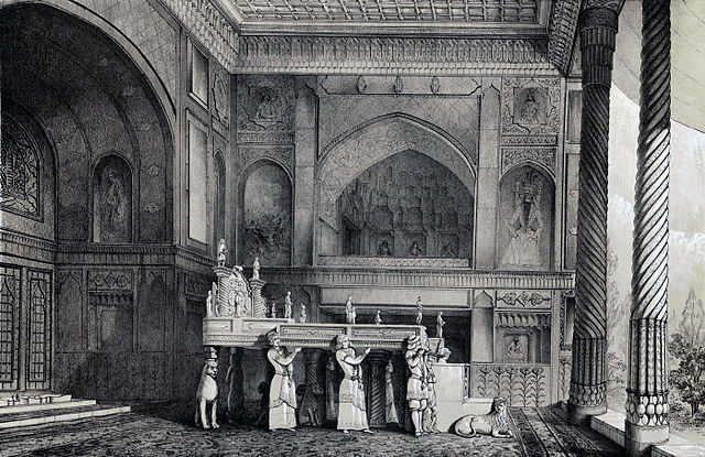 Interior view of the marble throne in Golestan Palace by Eugene Flandin