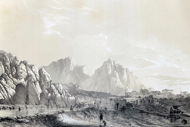 Mountains and caves Tagh-e Bostan by Eugène Flandin - Eugene Flandin paintings of Persia