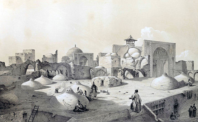 Royal Mosque and terraces of houses, Qazvin by Eugène Flandin - Eugene Flandin paintings of Persia