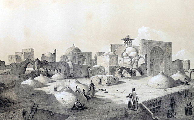 Royal Mosque and terraces of houses, Qazvin by Eugène Flandin - Eugene Flandin paintings of Persia